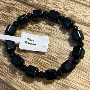 Black Obsidian Cubes Natural Healing Crystal Stretch Bracelet
